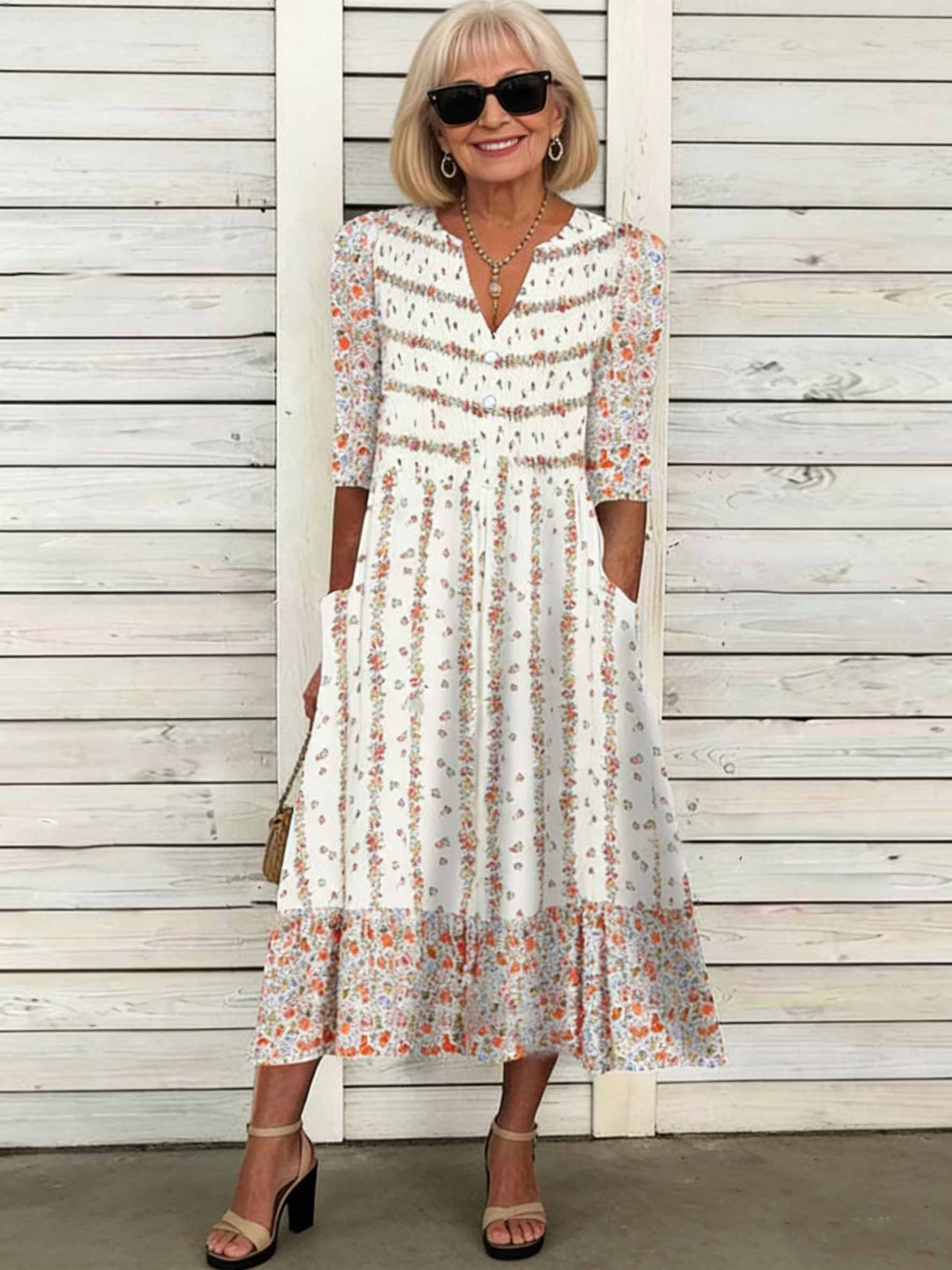 Positioning Printed Button Medium Sleeve Dress