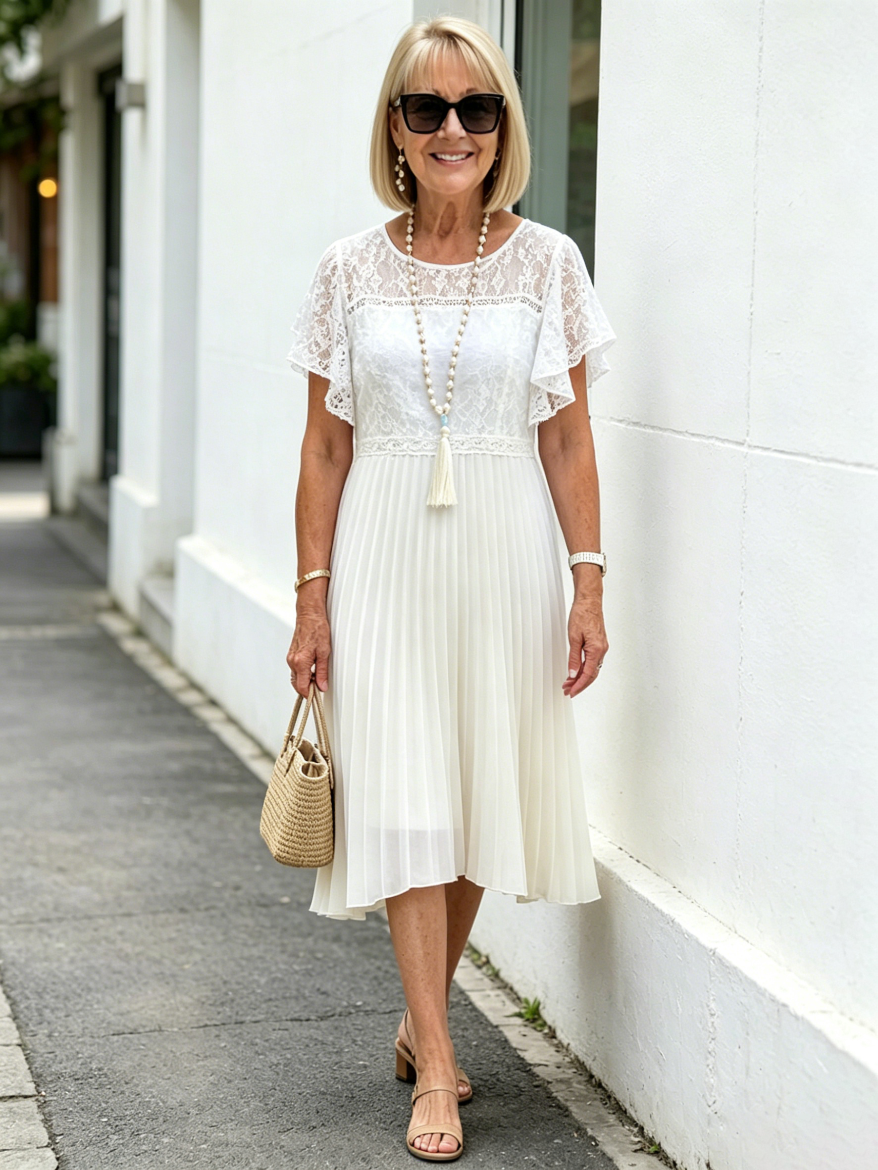 White Lace Pleated Midi Dress, Ruffle Short Sleeve Round Neck Spliced Elegant Dress for Mature Women