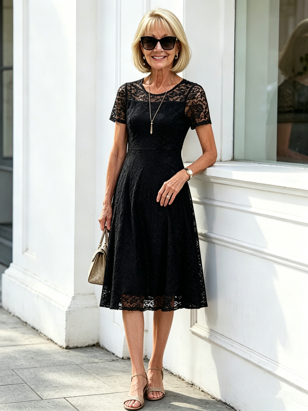 Black Short Sleeve Lace Midi Dress, Crew Neck Cut-Out A-Line Tummy Concealing Slimming Plus Size Dress for Mature Women