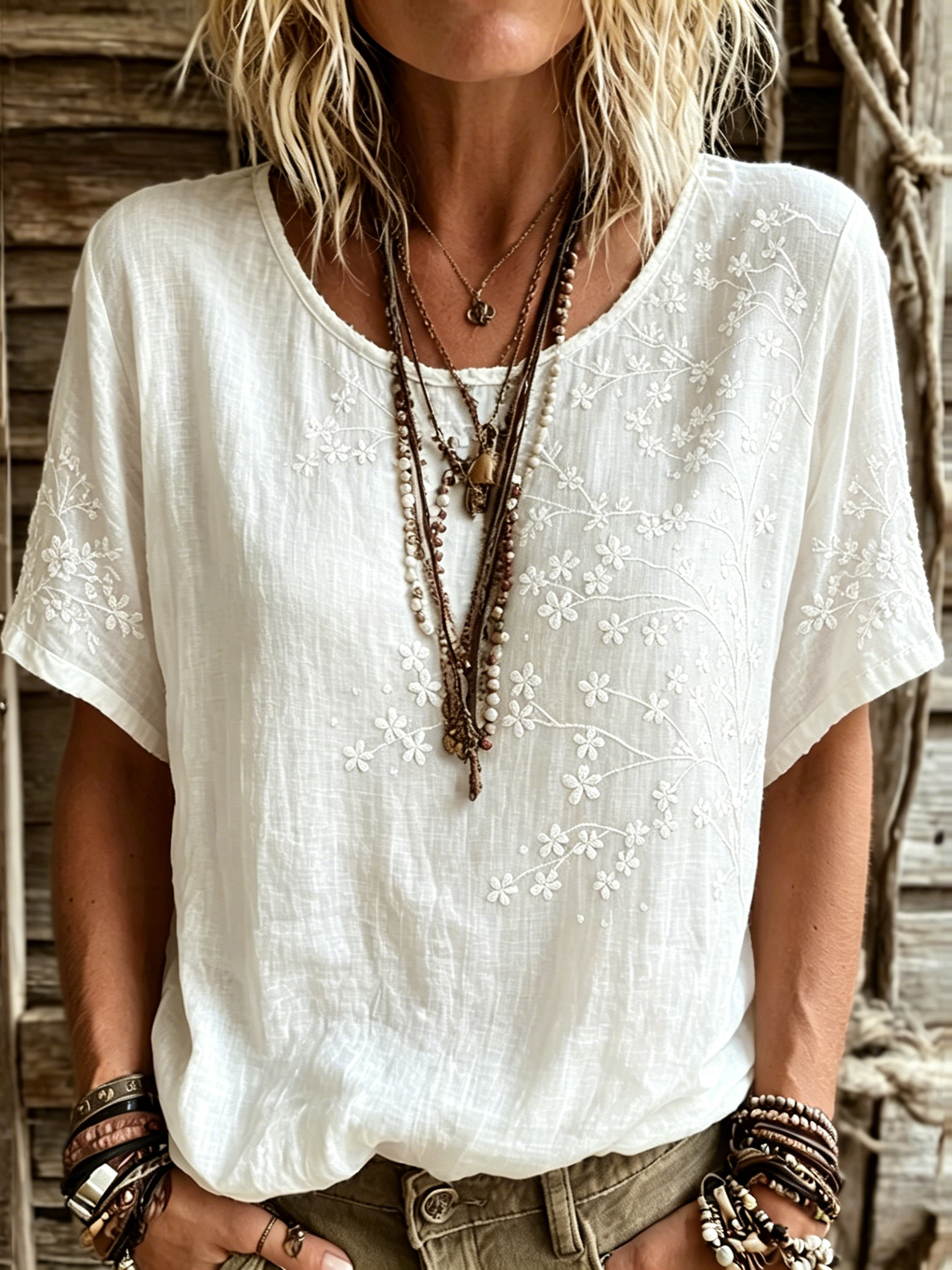 Women's Vintage Floral Art Linen Blend T-shirt