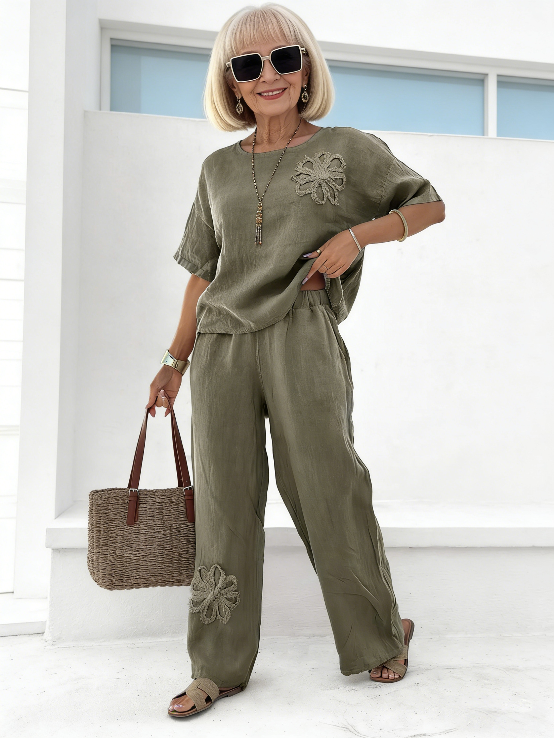 2Pcs Cotton and Linen Embroidered Casual Suit High Waist Loose Trousers