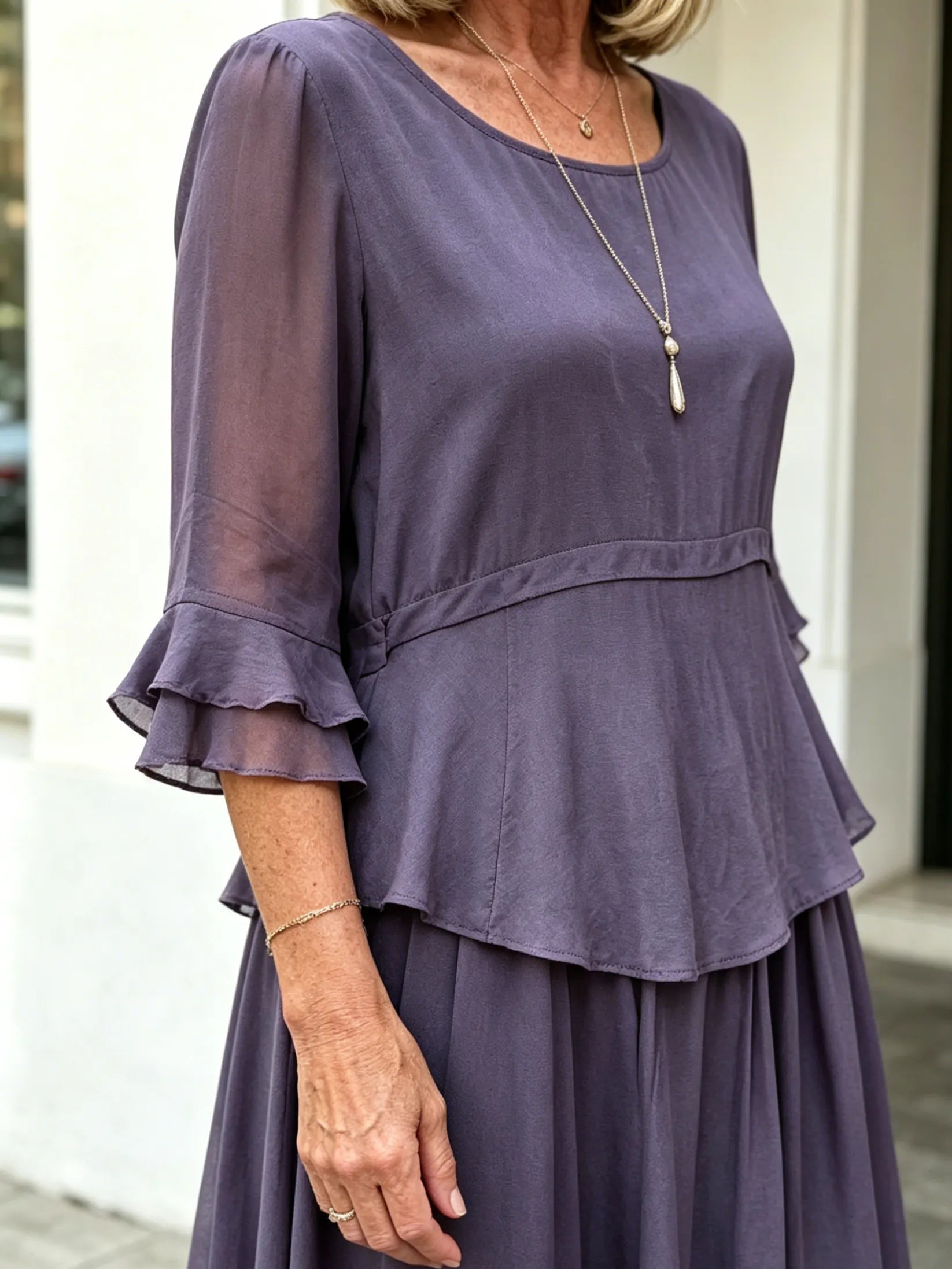 Purple Fake Two-Piece Tiered Chiffon Midi Dress, Round Neck Ruffle 3/4 Sleeve Loose Tummy Concealing Age-Reducing Dress for Mature Women