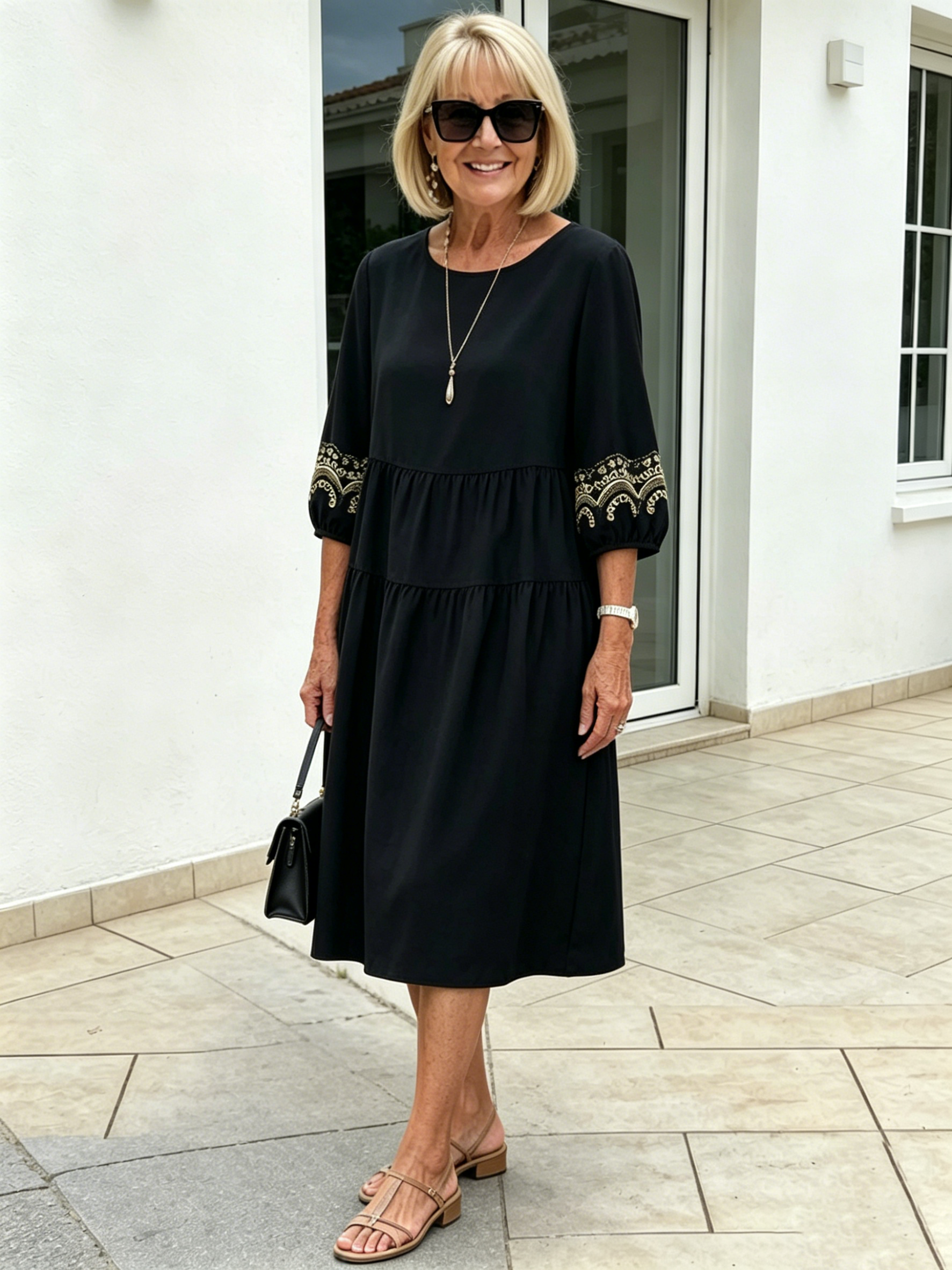 Navy Blue Tiered Midi Dress, Gold Embroidered 3/4 Sleeve Round Neck Loose Tummy Concealing Elegant Dress