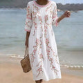 Women's Japanese Flower Art Crew Neck Linen Blend Midi Dress