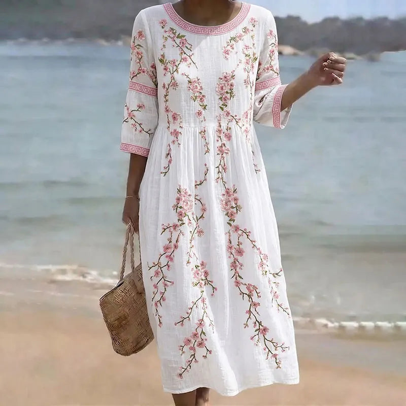 Women's Japanese Flower Art Crew Neck Linen Blend Midi Dress
