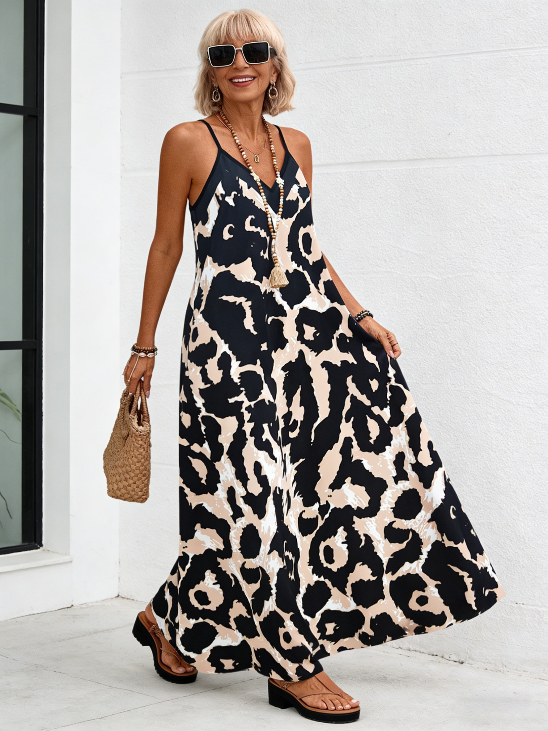 Beach V-neck Slip Print Dress Women's Clothing