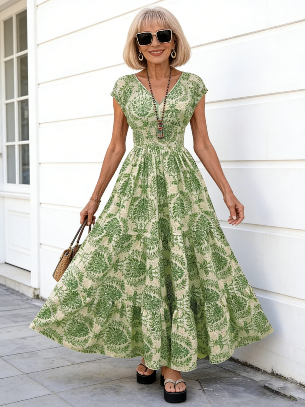 Vintage Print Dress Fashionable and Elegant V-neck Short-sleeved Dress Long Dress Women's Clothing