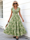 Vintage Print Dress Fashionable and Elegant V-neck Short-sleeved Dress Long Dress Women's Clothing