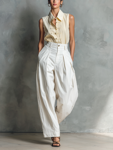 Women’s Cream Sleeveless Frog-Button Blouse & White High-Waisted Pleated Balloon Pants Two-Piece Set With Pockets MDZ2505D7T
