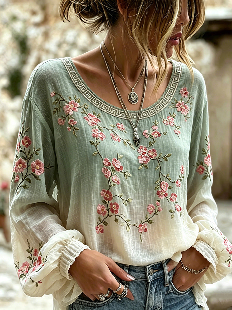 Women's Japanese Cherry Blossom Art Print Crew Neck Linen Blend T-shirt