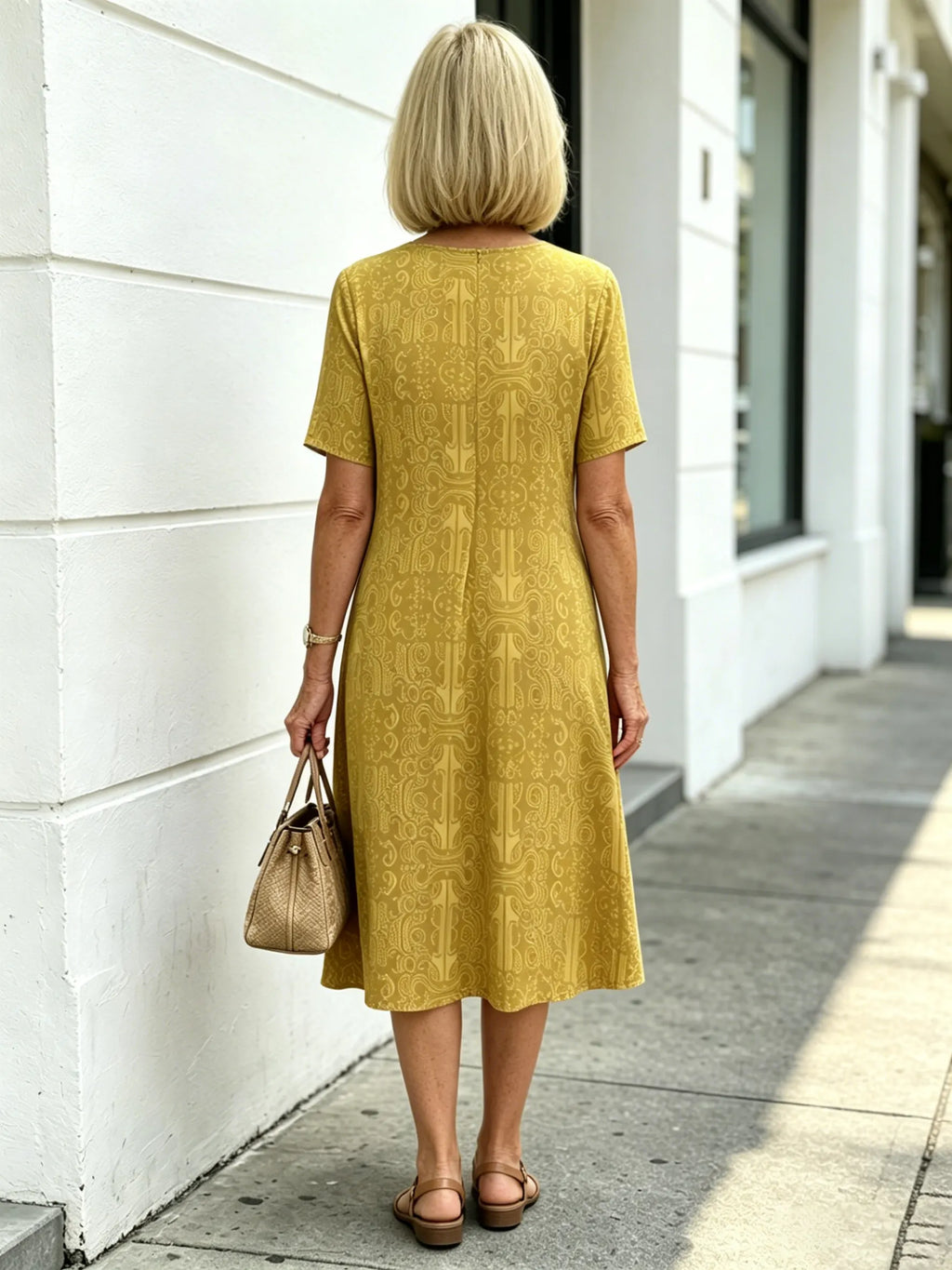 Blue Paisley Print Loose Midi Dress, Round Neck Short Sleeve Tummy Concealing Slimming Temperament Dress for Mature Women