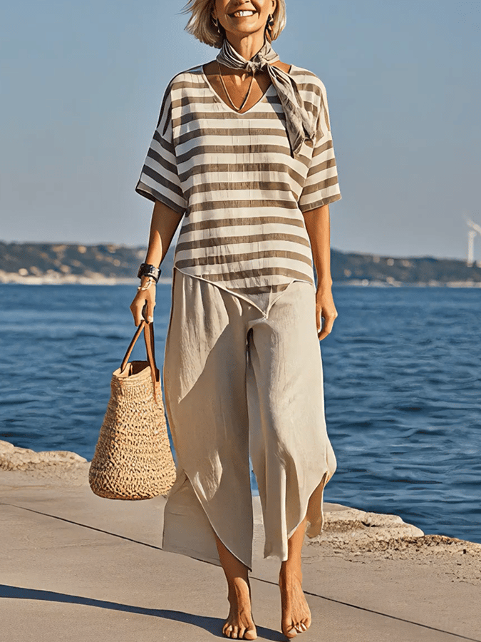 Women'S Loose Slit Contrast Striped Pants Set