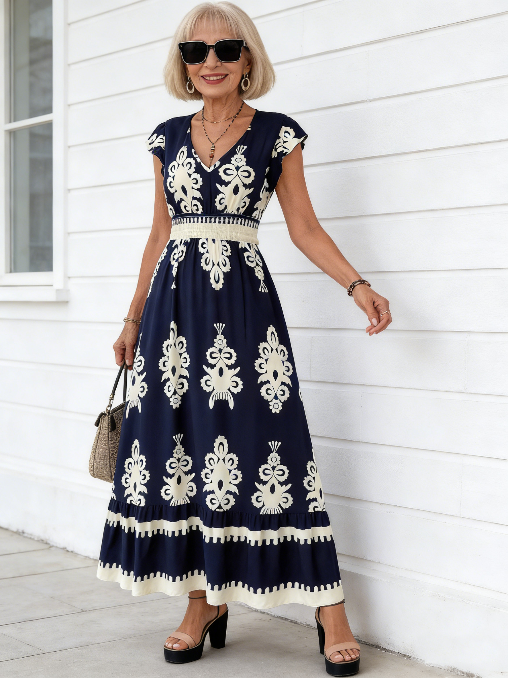 Vacation Beach Dress Printed V-neck Pendula Dress