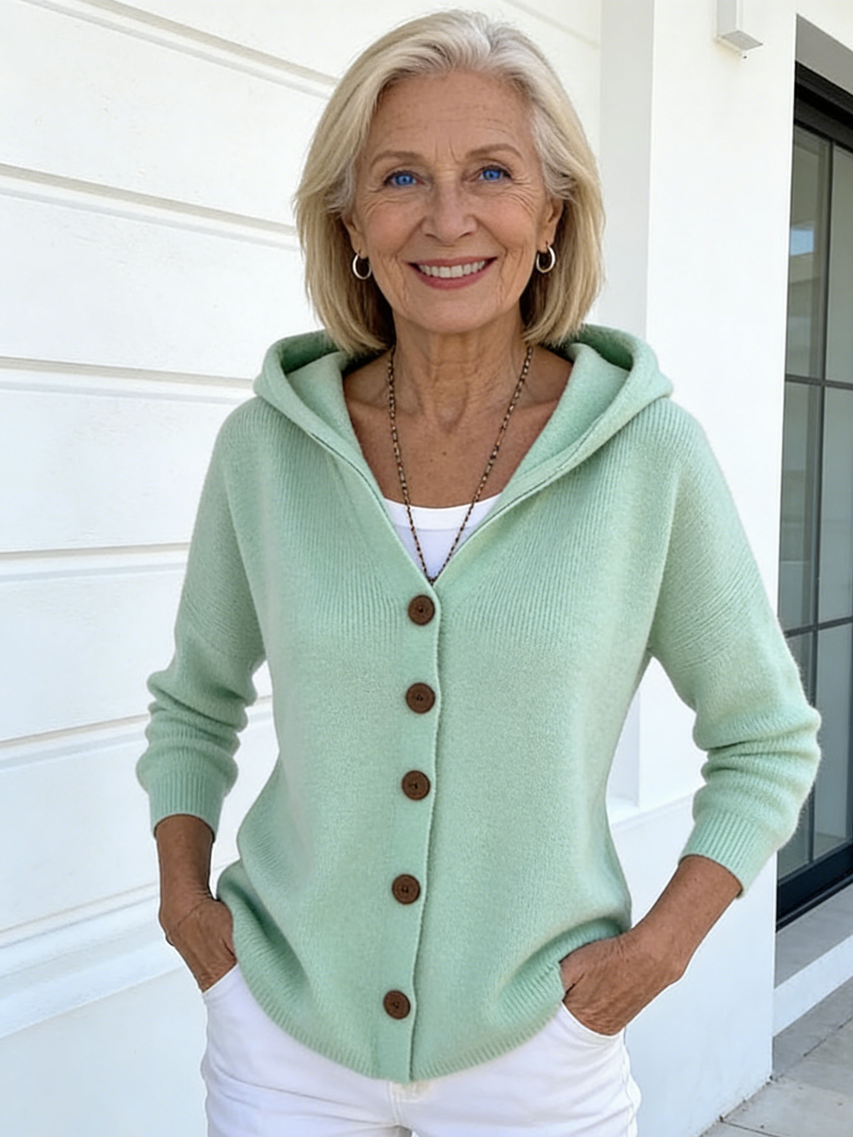 Button Knitted Hooded Sweater Cardigan Jacket Solid Color Casual Fashion Women's Clothing