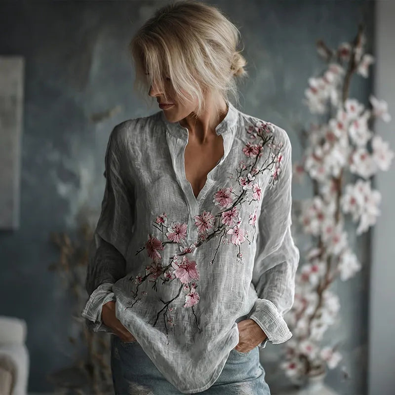 Women's Vintage Flowers Embroidered Linen Long Sleeve Shirt