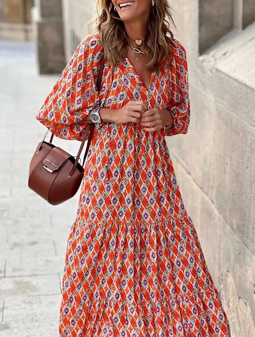 Women's Puff Sleeve Floral Boho Maxi Dress