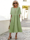 Short Sleeve Cotton Linen round-Neck Loose Mid-Length plus Size Dress