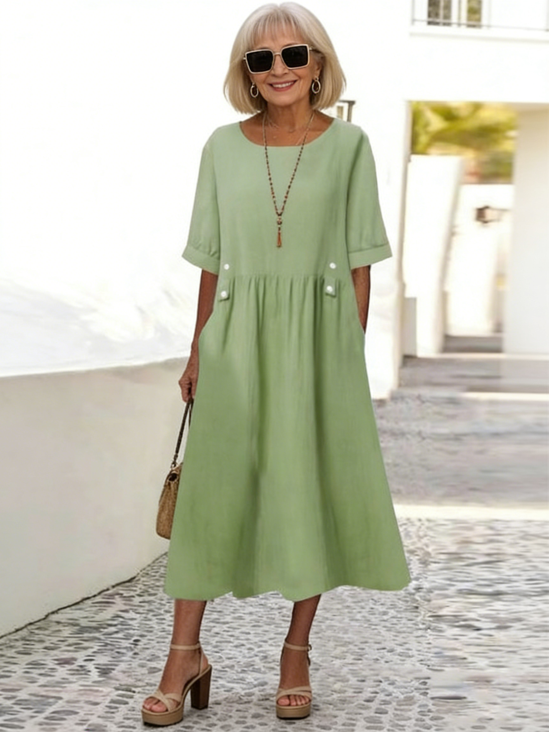 Short Sleeve Cotton Linen round-Neck Loose Mid-Length plus Size Dress
