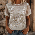 Women's Cherry Blossom Art Blended Cotton Linen Lace Spliced Casual Round Neck Short Sleeve Top