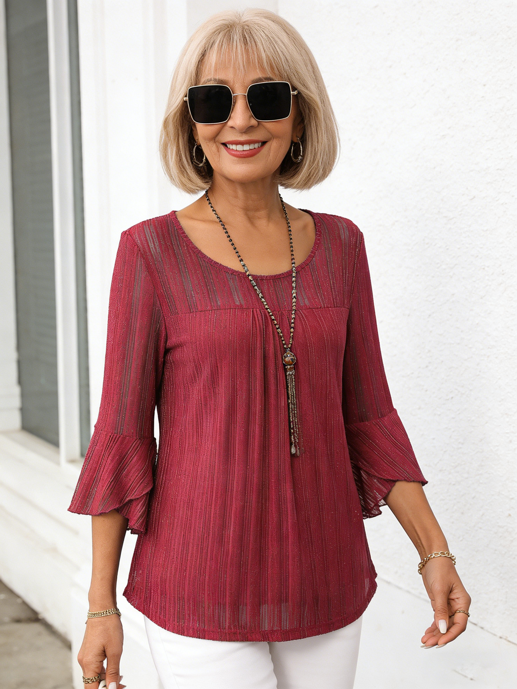 Translucent Round Neck Ruffle Sleeve Shiny Mesh Top