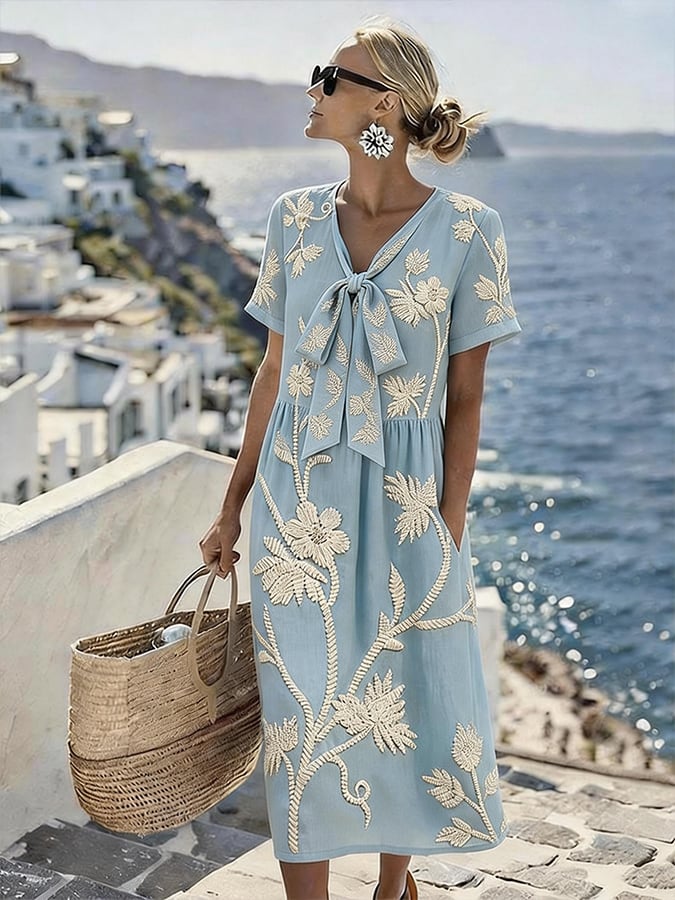 Women'S Casual Color-Block Cotton And Linen Dress
