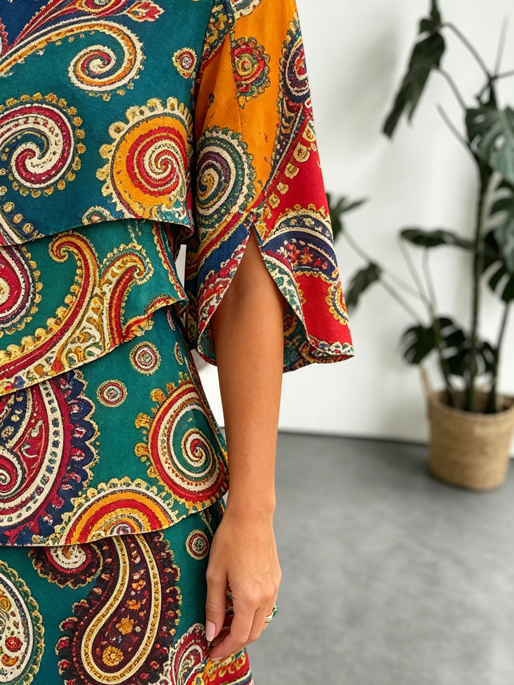 Chiffon Paisley Vacation Prints Color Round Neck Cake Skirt Splicing Dress Mid-length