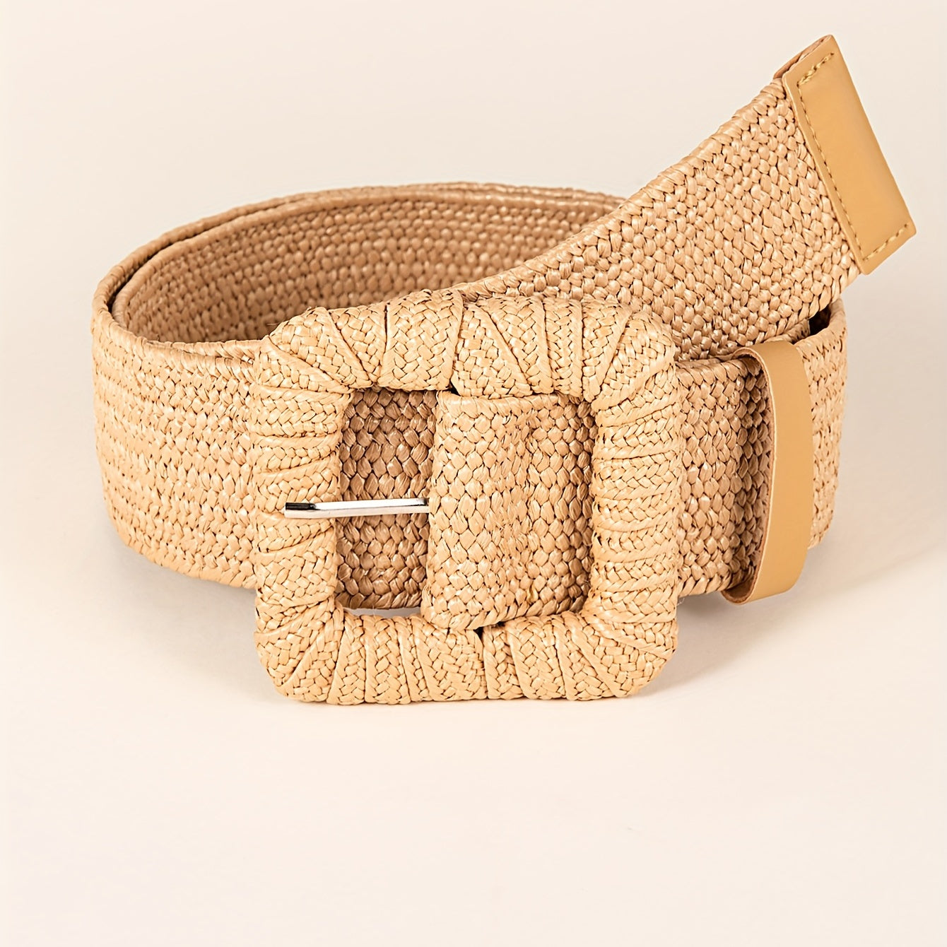 Casual Bohemian Woven Belt For Women Square Buckle Straw Elastic Waist Belt Summer Beach Dress Belts