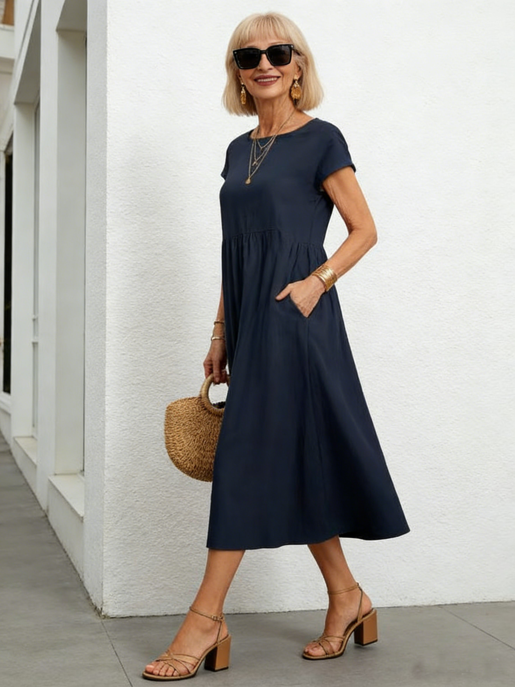 Solid Color Sleeveless Loose Cotton and Linen Pockets, Dress