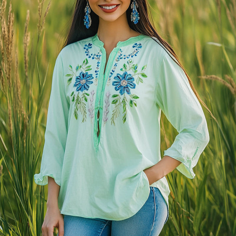 Women's Elegant Mexico Embroidered Floral Blouse In Pastel Green