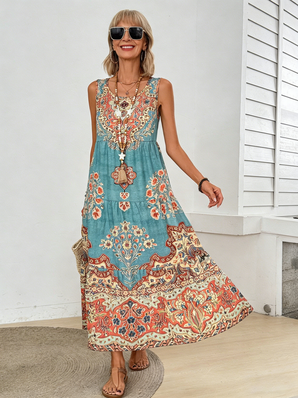 Printed Sleeveless V-Neck Vest Skirt Fashion Vacation Printed Dress Women