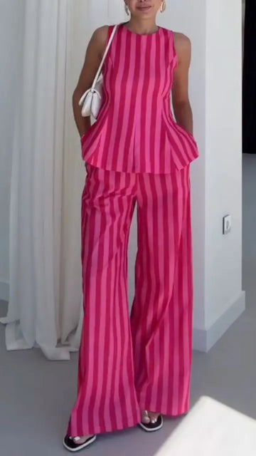 Stripe Sleeveless Two‐Piece Pant Set