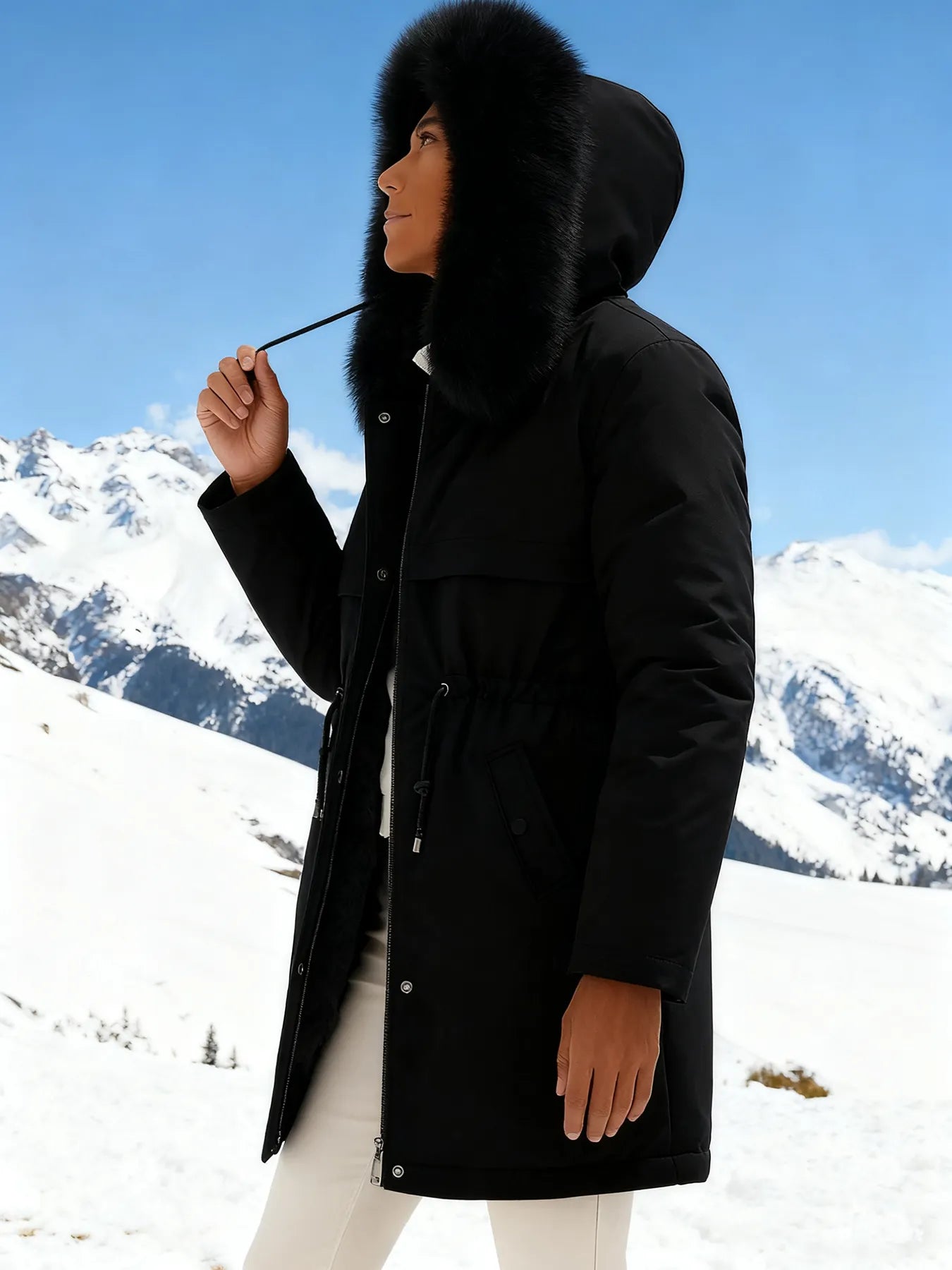 Outfits Cotton-padded Jacket Medium and Long, Large Fur Collar, Down Cotton-padded Jacket, Down Cotton-padded Jacket.