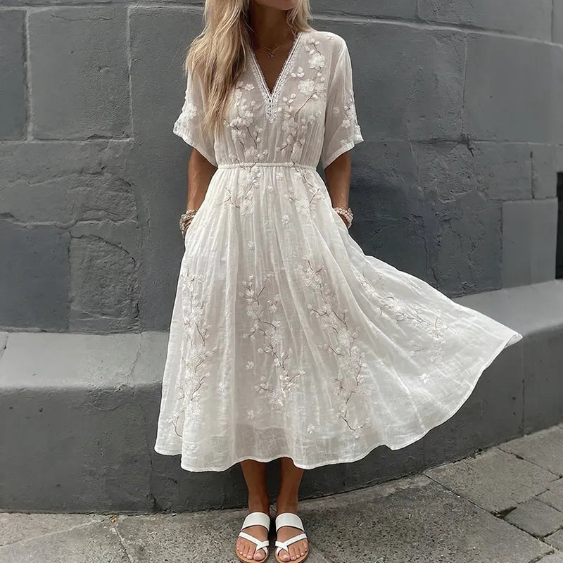 Women's Vintage Floral Art Embroidery Cotton Linen Dress