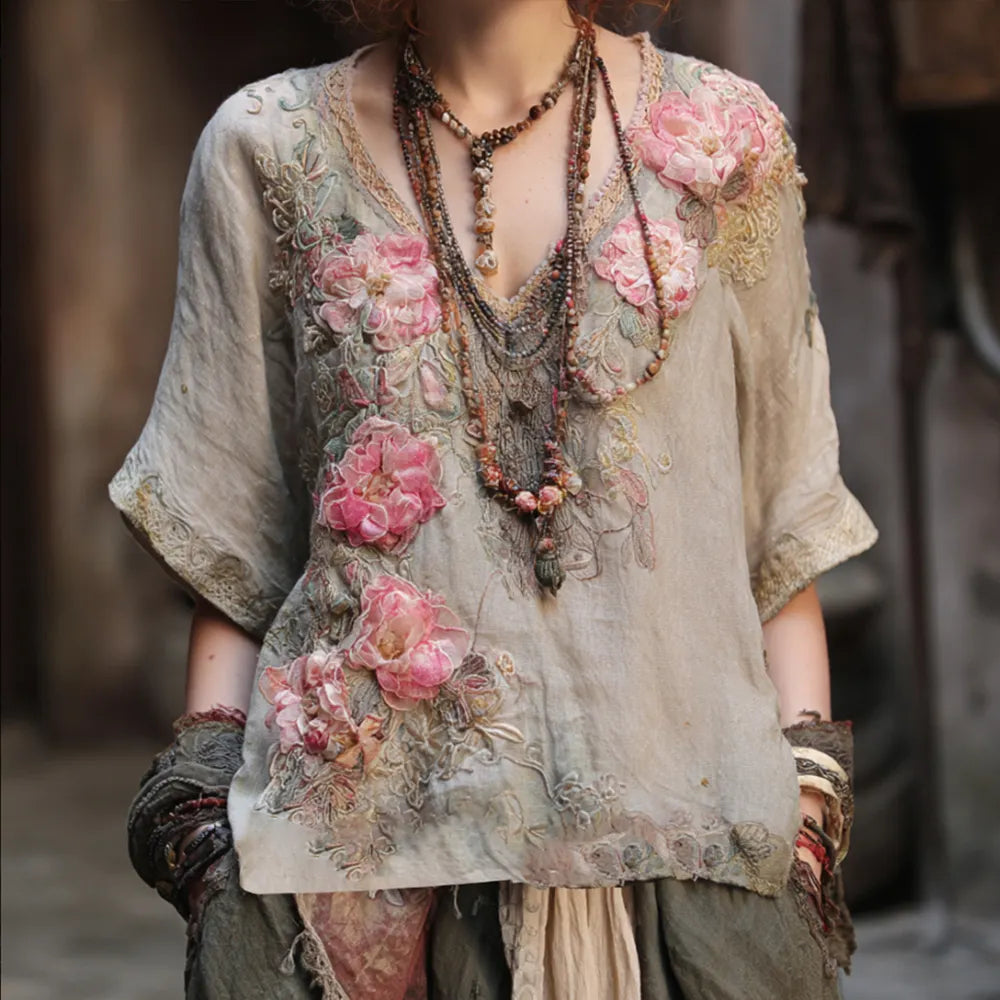 Bohemian Style Pink Flower Three-dimensional Vine Vintage Cotton And Linen V-neck Short-sleeved Shirt