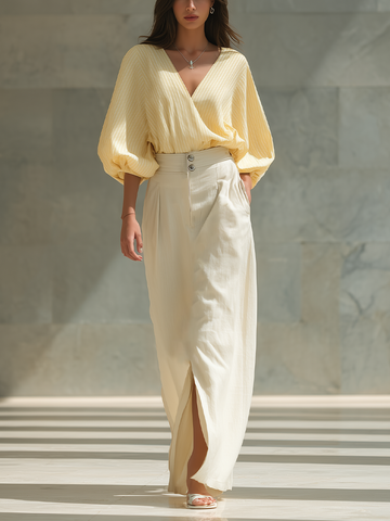Women’s Yellow Striped Wrap Blouse & Beige High-Waisted Linen Maxi Skirt With Slit Two-Piece Set MDZ2528D2T