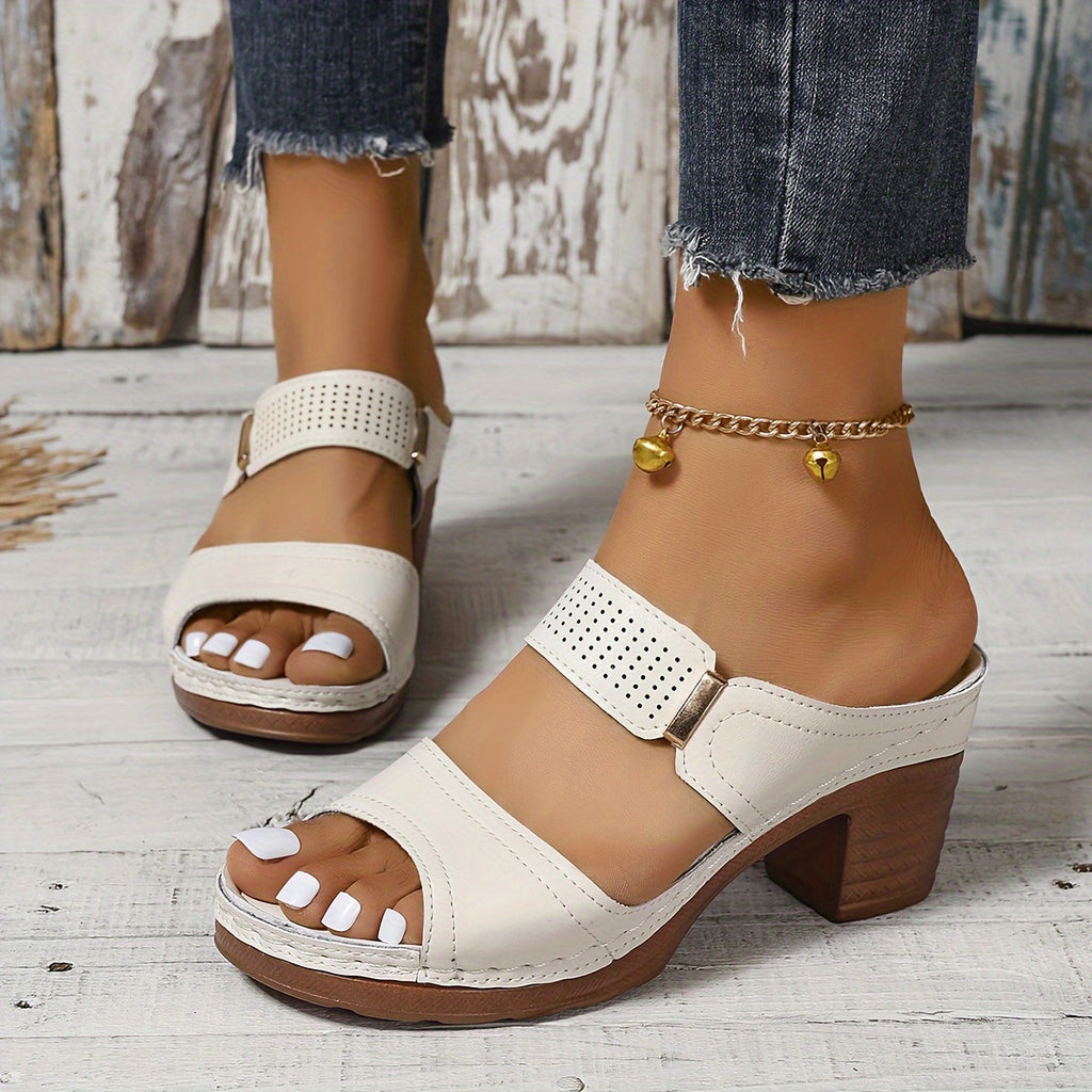 Women's Solid Color Stylish Sandals, Soft Sole Casual Chunky Heel Summer Slides, Double Bands Casual Shoes