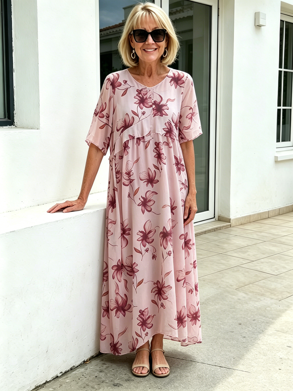 Blush Pink Floral Chiffon Maxi Dress, Round Neck Short Sleeve Loose Tummy Concealing Age-Reducing Dress for Mature Women