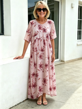 Blush Pink Floral Chiffon Maxi Dress, Round Neck Short Sleeve Loose Tummy Concealing Age-Reducing Dress for Mature Women