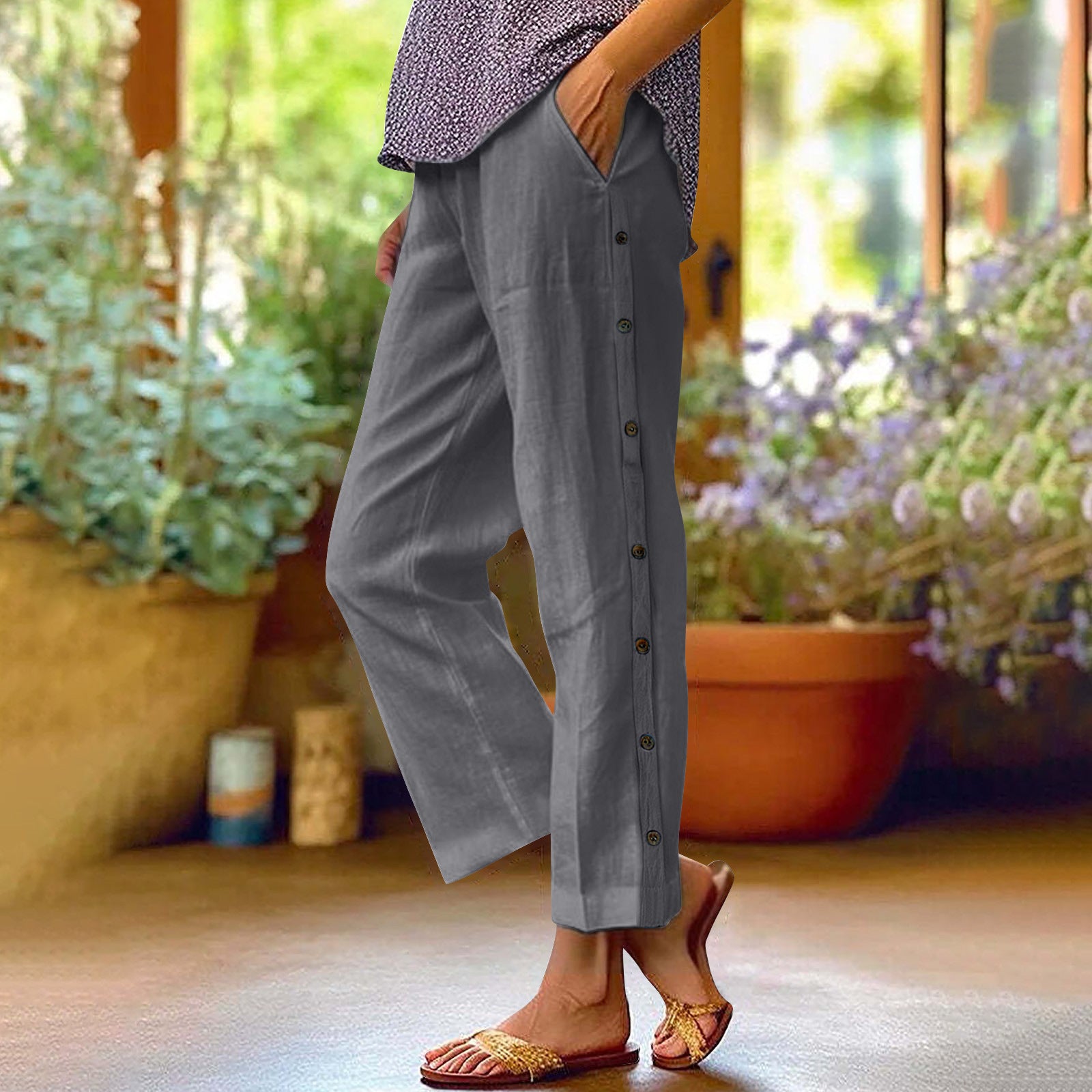 Cotton and Linen Breathable Nine-point Pants Side Seam Decorative Buckle Side Pocket High Waist Loose Casual Pants