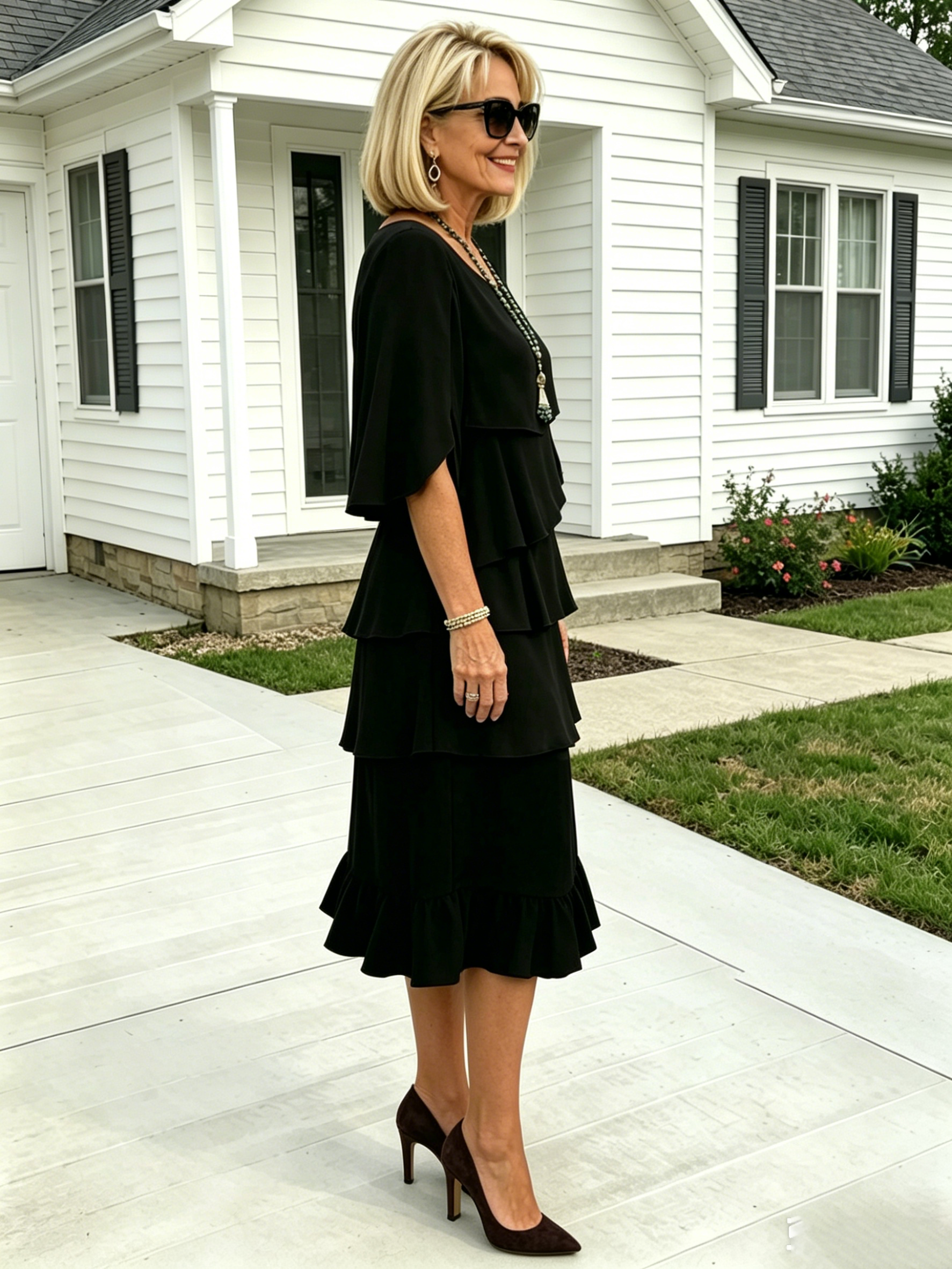 (Length end to the knee)Black Dress Style Fashion Solid Color Round Neck Cake Skirt Splicing Dress Women's Clothing