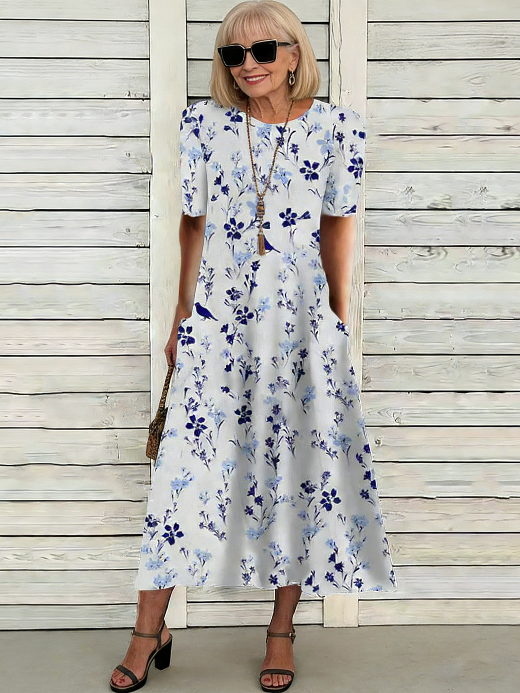 Women's Short Sleeve Scoop Neck Floral Printed Midi Dress With Pockets