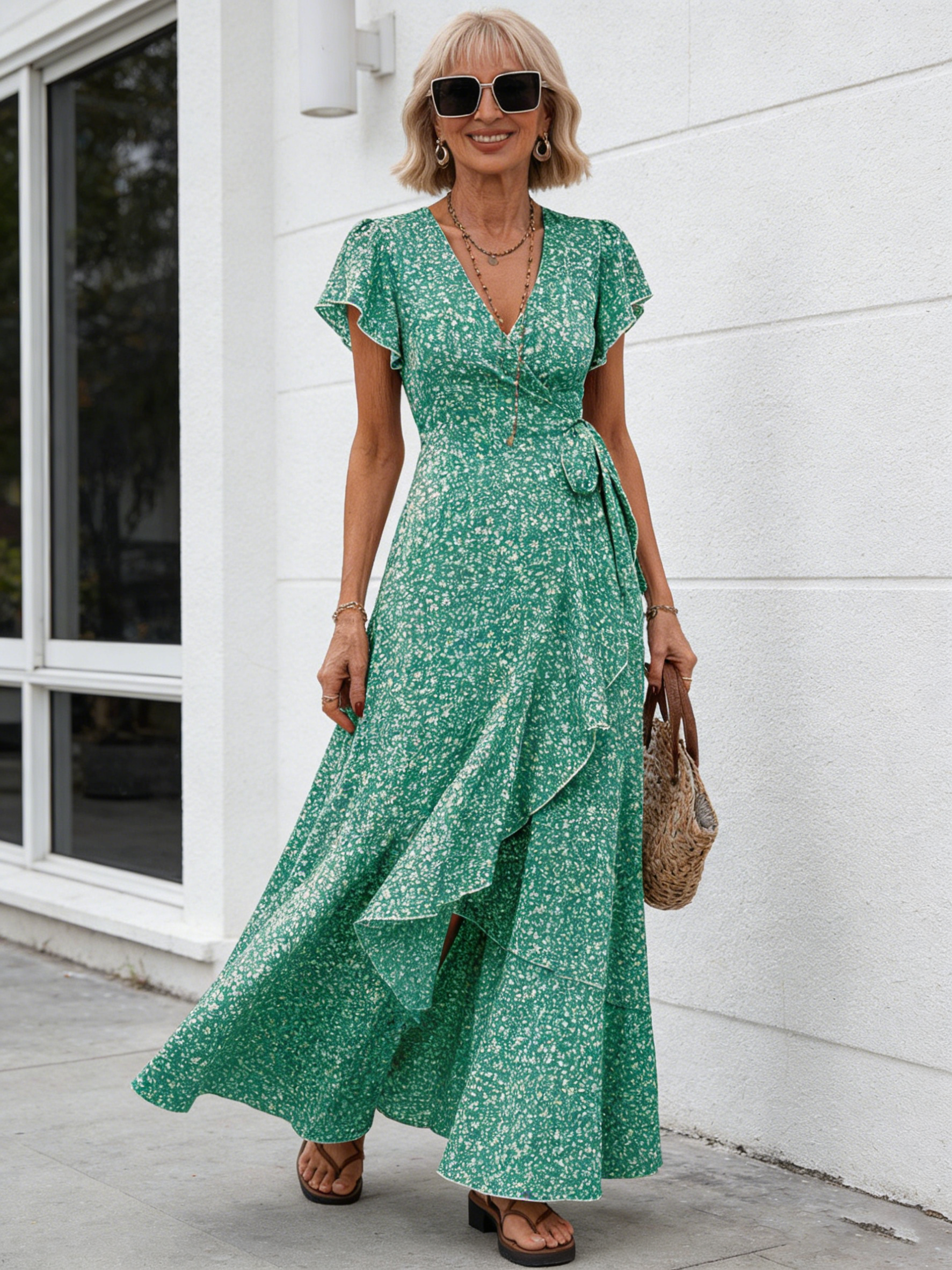 Small Floral V-neck Cardigan Belt Wrap Short Sleeve Bohemian Vacation Dress Women