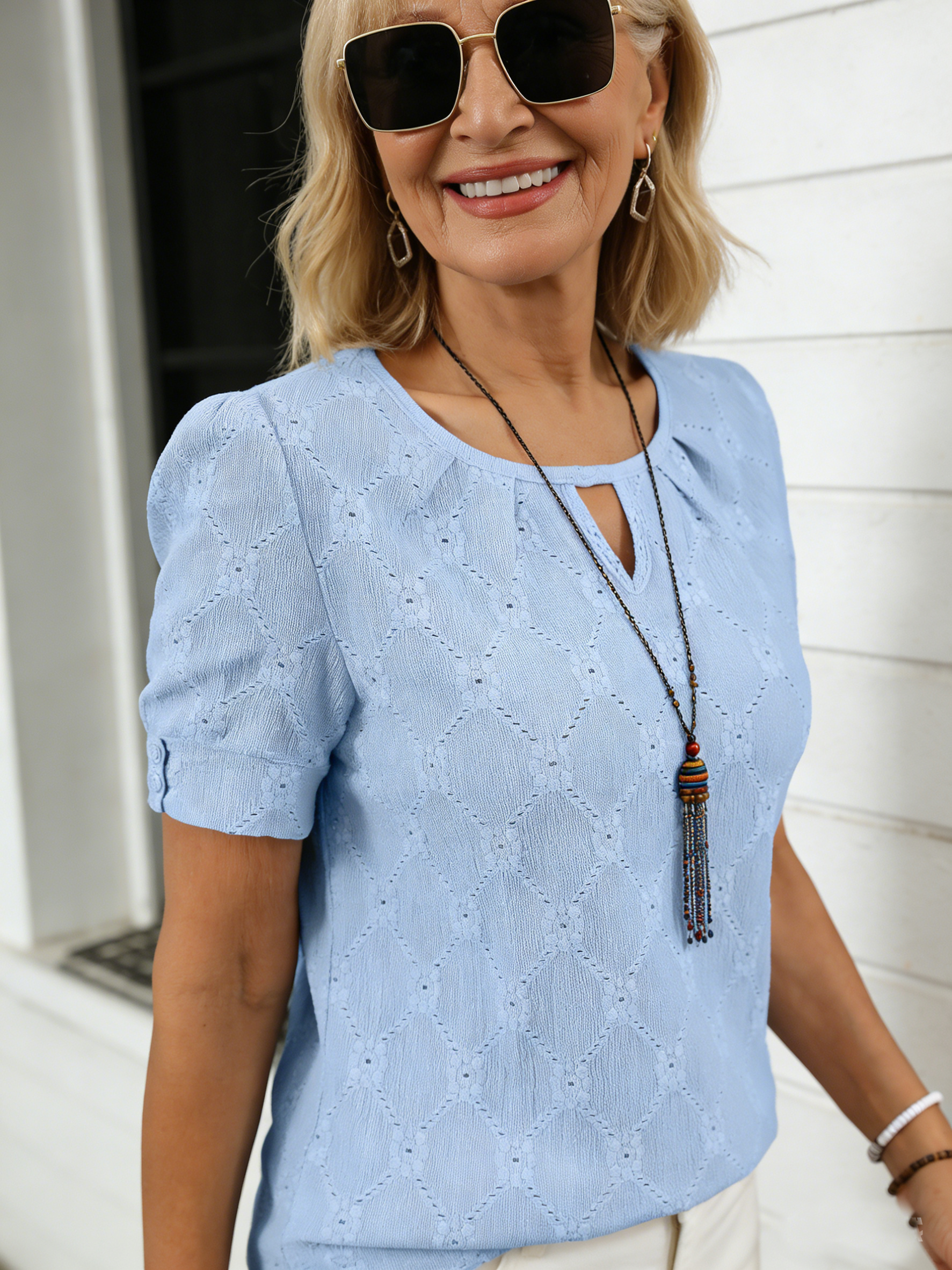Textured Fabric Solid Color Crew Neck Button Short Sleeve T-Shirt Hollow Top
