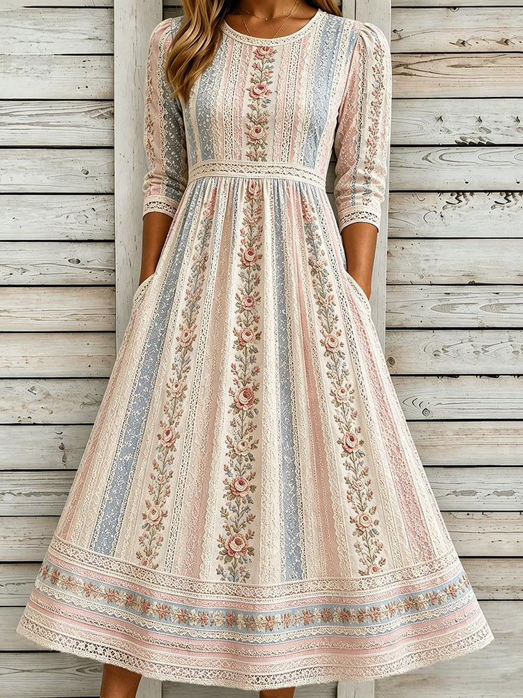 Women's Vintage Floral Patchwork Art Round Neck Midi Dress