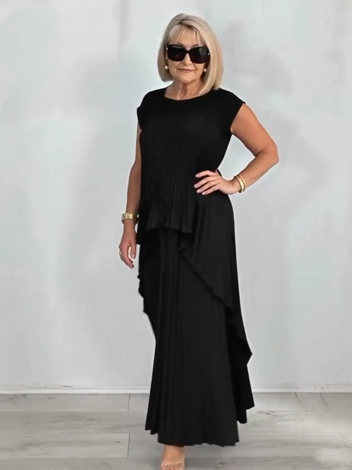 2Pcs Crew Neck Solid Color Sleeve Top Pleated Straight Pants Set Two-piece Set