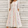 Women's Vintage Floral Patchwork Art Round Neck Midi Dress