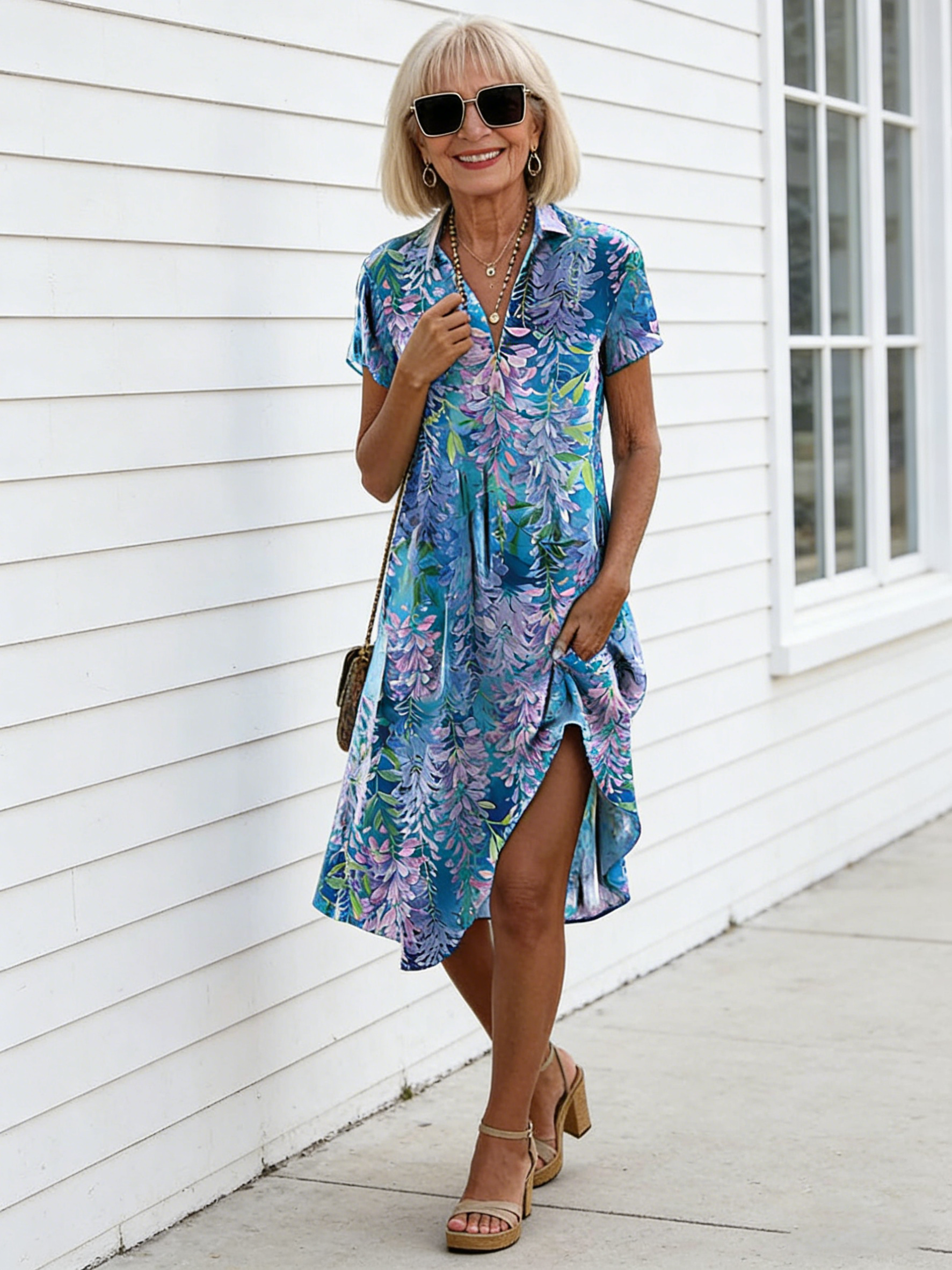 Short Sleeve Printed Casual V-Neck Dress