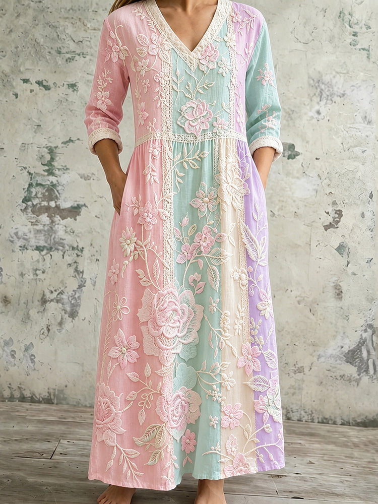 Women's Vintage Floral Patchwork Art Casual Linen Dress