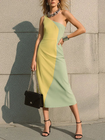Women's Fashionable Yellow-Green Color-Blocked Knit Cotton Blend One-Shoulder Slim-Fit Midi Dress MDZ2166D1GMJ