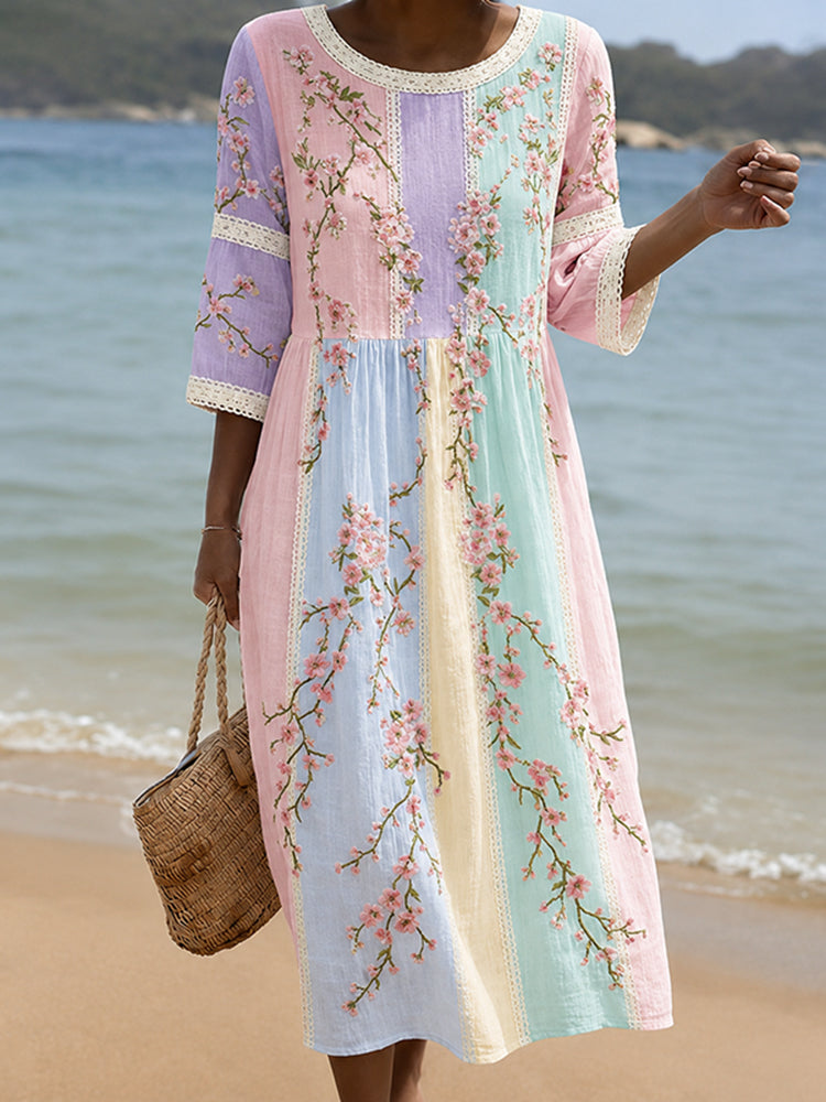 Women's Vintage Patchwork Floral Embroidered Art Midi Dress